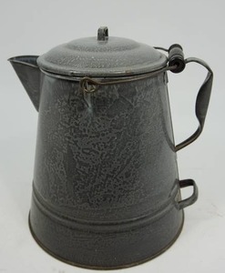 Vintage Large 13 Granite ware Gray Enamelware Coffee Pot Double Handle Cowboy...Very Clean