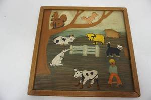 Folk Art Hand Crafted Wooden Farm Animal Scene Puzzle