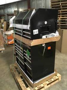 lot 8 image: Husky 41 in. W x 24.5 in D Standard Duty 16-Drawer Combination Rolling Tool Chest and Top Tool Cabinet Set in Gloss Black customer return slight damage review pictures