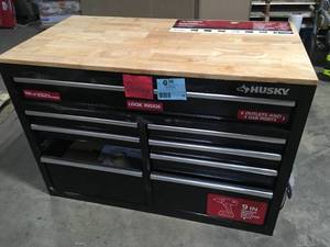 lot 16 image: Husky  46 in. W x 24.5 in. D Standard Duty 9-Drawer Mobile Workbench Tool Chest with Solid Wood Top in Gloss Black customer returns review pictures