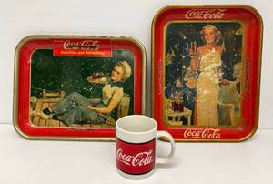 Two Antique Coca-Cola Serving Trays And Coca-Cola Mug ( The Trays Are Rusty And Beat Up But Really Cool)