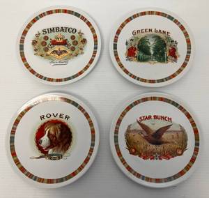 Pottery Barn Fireside Club 8.25 Salad Plate Cigar Box Ads Set Of 4