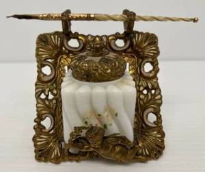 1880s Antique Ornate Solid Brass Victorian Inkwell Holder With Pen & Milk Glass Inkwell (Pen Marked Duryea Solid X Gold & Has Mother Of Pearl Handle)