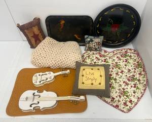 Group Of Vintage Cloth Items And Metal Trays