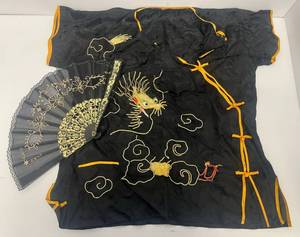 Antique Embroidered Dragon Oriental Style Shirt And Oriental Fan