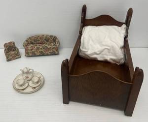 Group Including Vintage Doll Bed, Miniature Doll Sofa And Chair And Miniature Tea Set