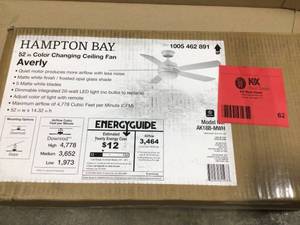 lot 62 image: Hampton Bay Averly  52 in Color Changing Ceiling Fan customer return review pictures