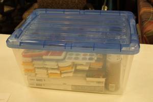 lot 990 image: Lot of (1 Bin) Paint Supplies - Watercolors, Spray Paint, Misc. Supplies