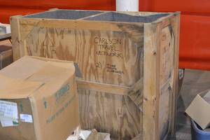52x48x27 wood crate half filled with various ornaments