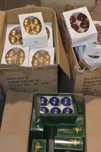 Gold, Red, and, deep violet glass ball ornaments
