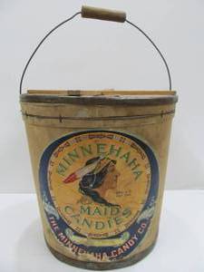 lot 39 image: Awesome Antique General Store Advertising Candy Bucket - Minnehaha Maid 