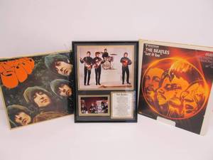lot 66 image: Group of BEATLES Items - Video Disc, Metal Sign & Wall Plaque