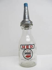 lot 75 image: Orig 1930s Era IMPERIAL HEP Motor Oil Bottle wSpout