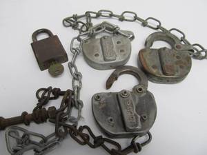 lot 78 image: Group of Antique Railroad Locks & US Marked Military Lock wKey