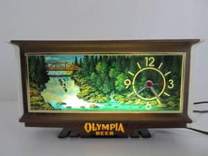 lot 90 image: Awesome Vintage OLYMPIA BEER Lighted Motion Sign Advertising Clock
