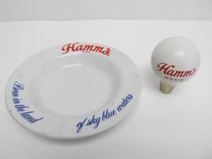 lot 97 image: Vintage HAMMS Beer Advertising Porcelain Ashtray & Beer Tap Handle