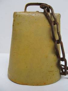 lot 129 image: Large Antique Yellow Painted Metal Cowbell 