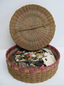 lot 163 image: Vintage Woven Sewing Basket FULL of Old Buttons