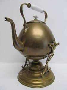 lot 180 image: Elegant Vintage Brass CoffeeTea Serving Pot wWarming Stand