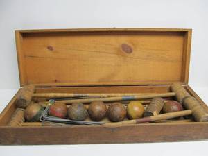 lot 191 image: Old Antique Croquet Set wDovetailed Wood Carrying Case
