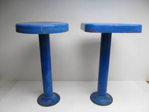lot 197 image: 2 Old Vintage Industrial Steel Stools - Blue