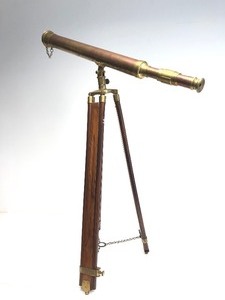 lot 124 image: Adjustable Height Large Brass & Wood Telescope wTripod