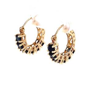 Round Natural Blue Sapphire Small Hoop Earrings in 14k Yellow Gold Click-Top Posts VIDEO