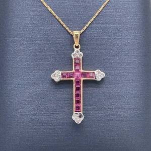 Natural Ruby & Diamond Celtic Cross Pendant in 14k Yellow & White Two-Tone Gold $1899 Retail VIDEO