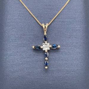 Marquise Natural Blue Sapphire & Diamond Cross Pendant wSplit Bail in Yellow Gold $1299 Retail VIDEO