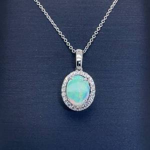 BRAND NEW 14k White Gold Oval Opal & Diamond Halo Drop Pendant 16 Necklace in 14k White Gold $2600 Retail VIDEO