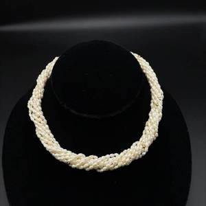 Multiple White Rice Pearl and 14k Gold Bead Twisted Choker Necklace w Clasp in 14k Yellow Gold