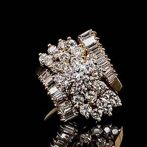 2.50 CARAT Diamond VS ClarityG-H Color Baguette & Round Cluster Rainfall Estate Ring in 14k Yellow Gold $9500 Retail VIDEO