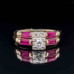 0.52 Carat Natural Ruby & Diamond Matching Ring 2-Piece Bridal Wedding Stacking Estate Set in 14k Yellow Gold $2500 Retail VIDEO