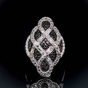 Black & White Diamond Basket Weave Dome-Shaped Marquise Cluster Ring in 925 Sterling Silver $1200 Retail VIDEO