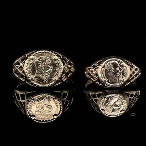GREAT DEAL LOT OF 2 Maximiliano Emperador Mexico 1865 Engraved Signet Gold Coin Filigree Openwork Rings in Yellow Gold $1450 Retail VIDEO