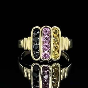 Yellow, Pink & Blue Natural Sapphire Triple Row Scalloped Retro Ring in 14k Yellow Gold $1799 Retail VIDEO