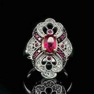 Ruby & Diamond Ornate Vintage Milgrain Openwork Fleur De Lis Two-Tone Ring in 925 Sterling Silver & Yellow Gold