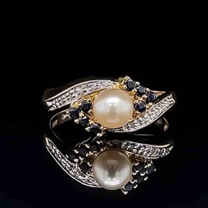 White Pearl, Blue Sapphire & Diamond Cluster Swirl Ring in 14k Yellow Gold