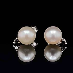 Round White Pearl & Black Diamond 2-Stone Stud Earrings in 14k White Gold VIDEO