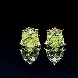 Natural Peridot Trillion Cut Solitaire Lemon-Lime Stud Earrings in 14k Yellow Gold