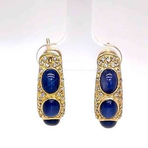 Blue Star Sapphire Cabochon & Diamond J-Hoop Half Cuff Earrings w Omega Backs in 14k Yellow Gold $1850 VIDEO