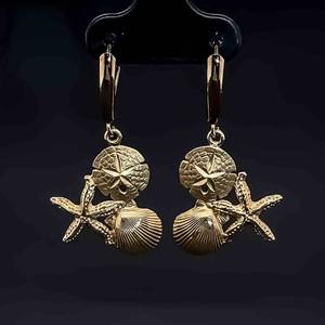 Beach Vacation Vibes Sand Dollar, Starfish & Shell Dangle Earrings in 14k Yellow Gold $950 Retail