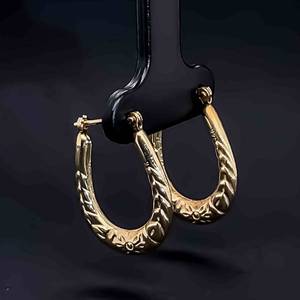 Oblong Oval U-Shaped Floral Design Tubular Estate Hoop Earrings in 14k Yellow Gold. Comfortable, Perfect Size for All.