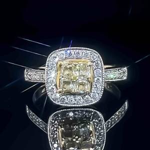 0.80 Carat Fancy Yellow & Diamond Cushion Halo Cluster Illusion Milgrain Ring in 14k Yellow & White Two-Tone Gold $3550 Retail VIDEO