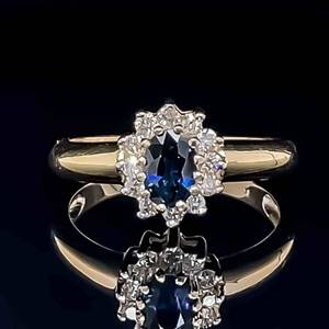 1.15 Carat Natural Blue Sapphire & Diamond Oval Halo Cluster Cocktail Estate Ring in 14k Yellow Gold $1899 Retail