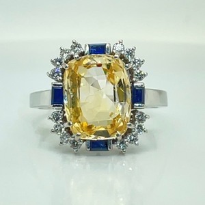 Diamond, Yellow Topaz &amp Natural Blue Sapphire Large Cluster Cocktail Anniversary Estate Ring in 14k Yellow Gold $3899 Retail VIDEO