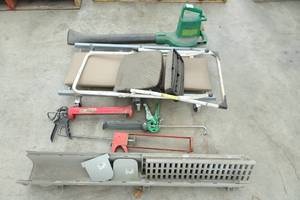 lot 243 image: Assorted Items - Weed Eater Blower, Creeper, Caulking Guns, Drain