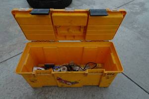 lot 223 image: Plastic Tool Box with Assorted Electrical Tools and Components