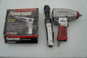 lot 202 image: Assorted Air Tools - Husky Impact, Powermate Drill, Trades Pro Ratchet