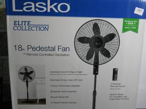 lot 197 image: Lasko Elite Collection Quiet Blade Pedestal Fan with Remote Control and Adjustable Thermostat, Black
